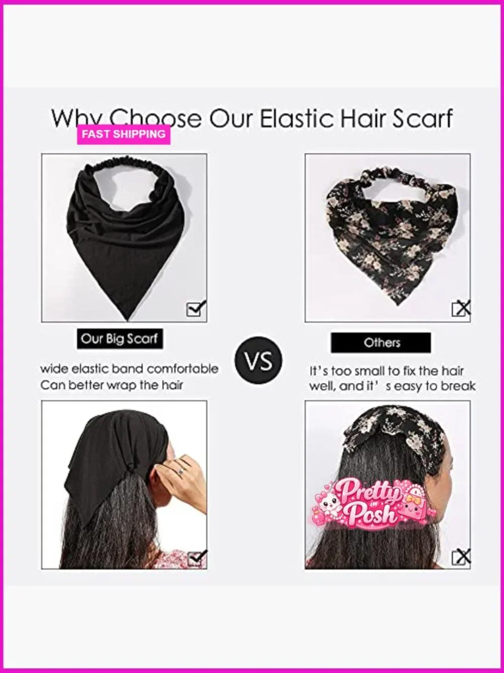 Cotton Headband Hair Scarf with Clips Non Slip Boho Triangle Kerchief